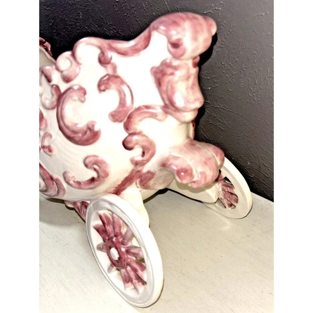 Mary Leone Pottery Whimsical Carriage Planter with Bouquet of Roses Vintage 1975